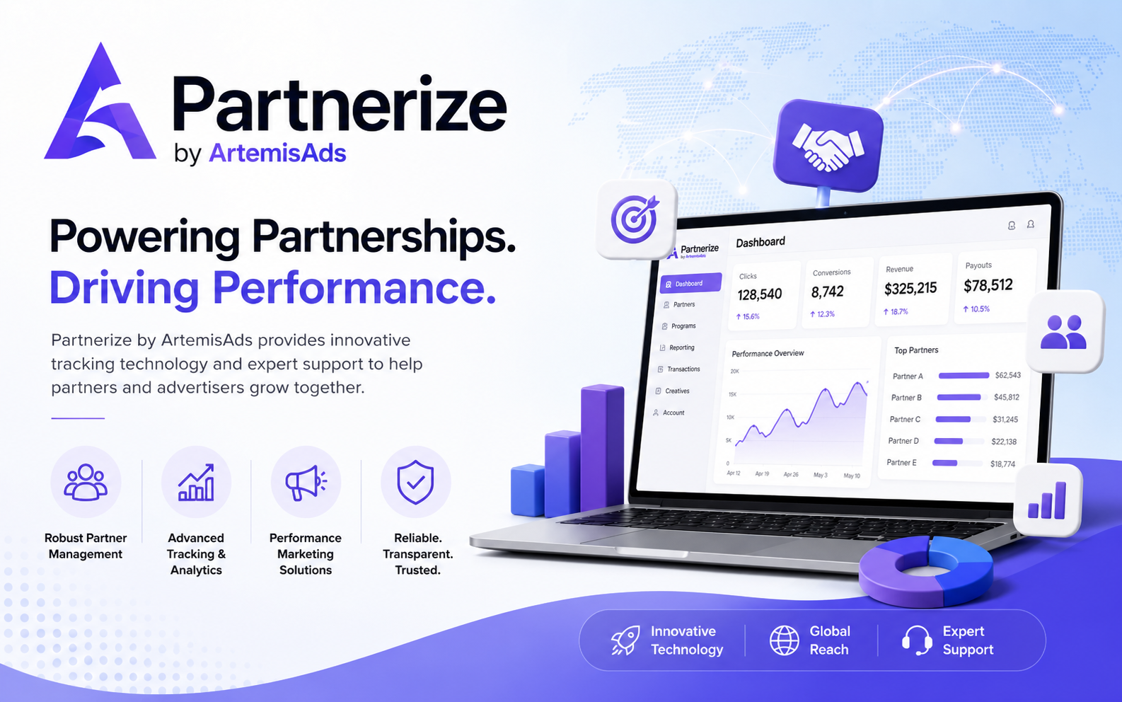 Partnerize partnership automation platform featuring affiliate marketing management, performance tracking, partner discovery, and global payout solutions.