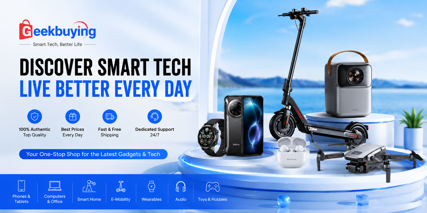 Geekbuying online electronics store featuring smart home devices, e-bikes, 3D printers, portable power stations, and innovative tech gadgets.