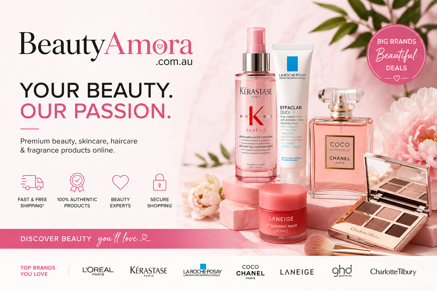 Beauty Amora online beauty platform featuring Korean skincare, Japanese cosmetics, sunscreens, serums, sheet masks, and makeup products.