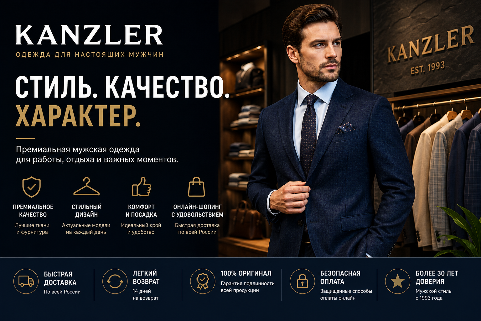 KANZLER fashion store featuring men's and women's clothing, suits, shirts, trousers, outerwear, shoes, and stylish accessories.