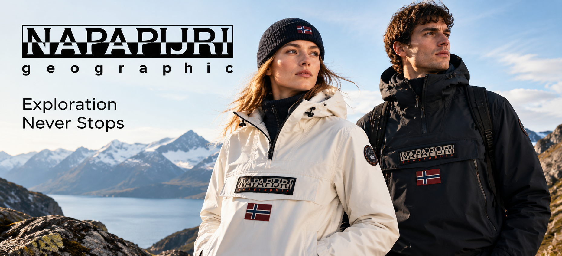 Napapijri official website displaying Rainforest anoraks, winter jackets, fleeces, and outdoor clothing collections.   
