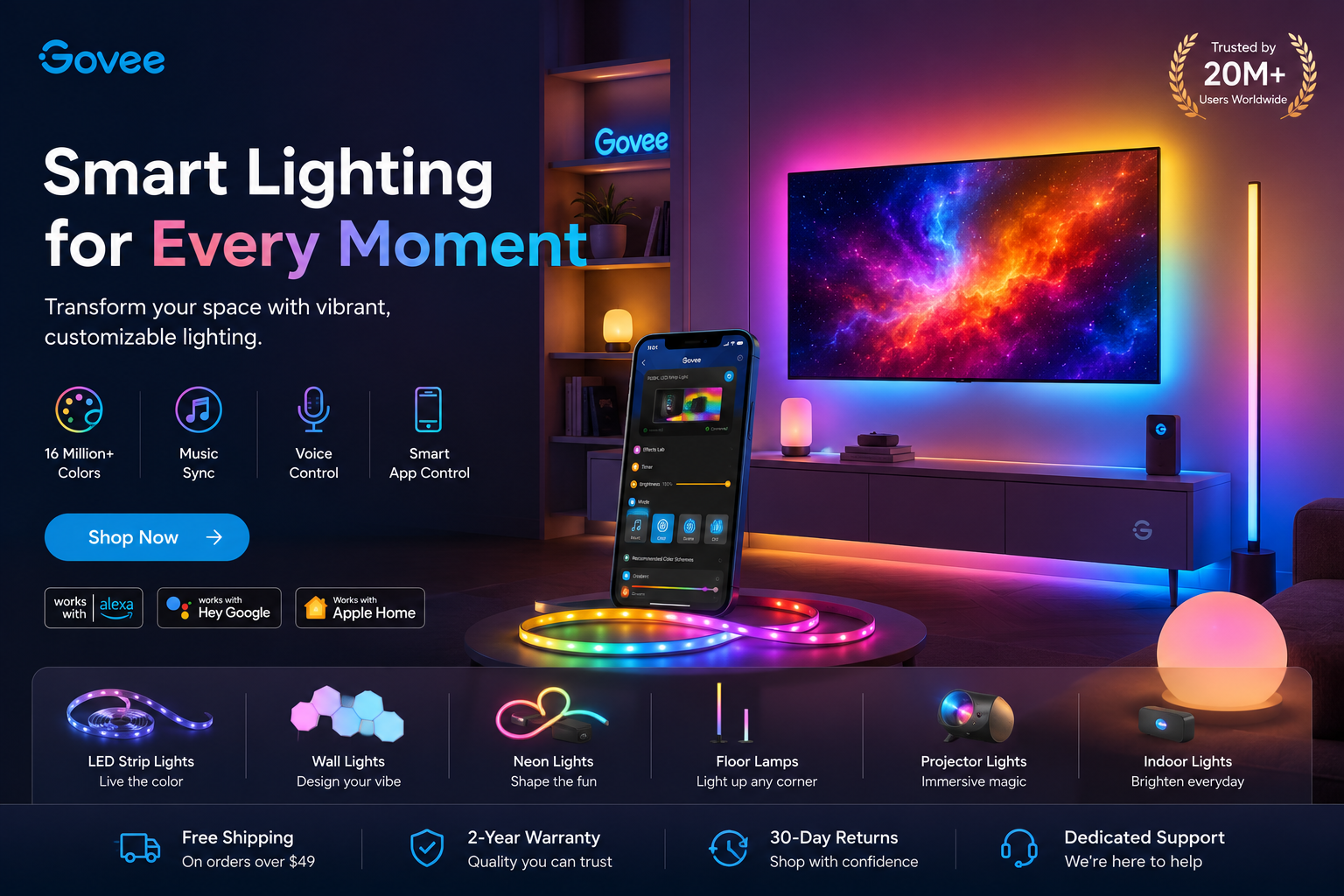 Govee smart home collection featuring RGBIC LED strip lights, smart bulbs, gaming lights, TV backlights, floor lamps, and intelligent home lighting solutions.