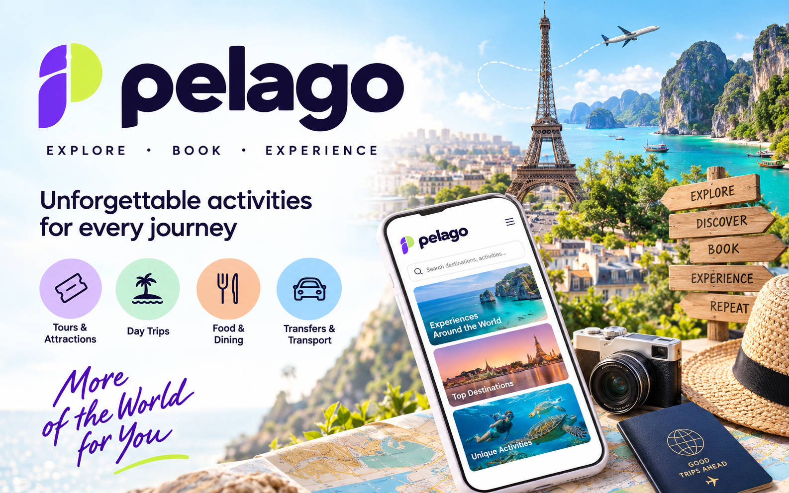Pelago travel experience booking platform featuring attraction tickets, guided tours, travel essentials, eSIMs, and activity bookings worldwide.
