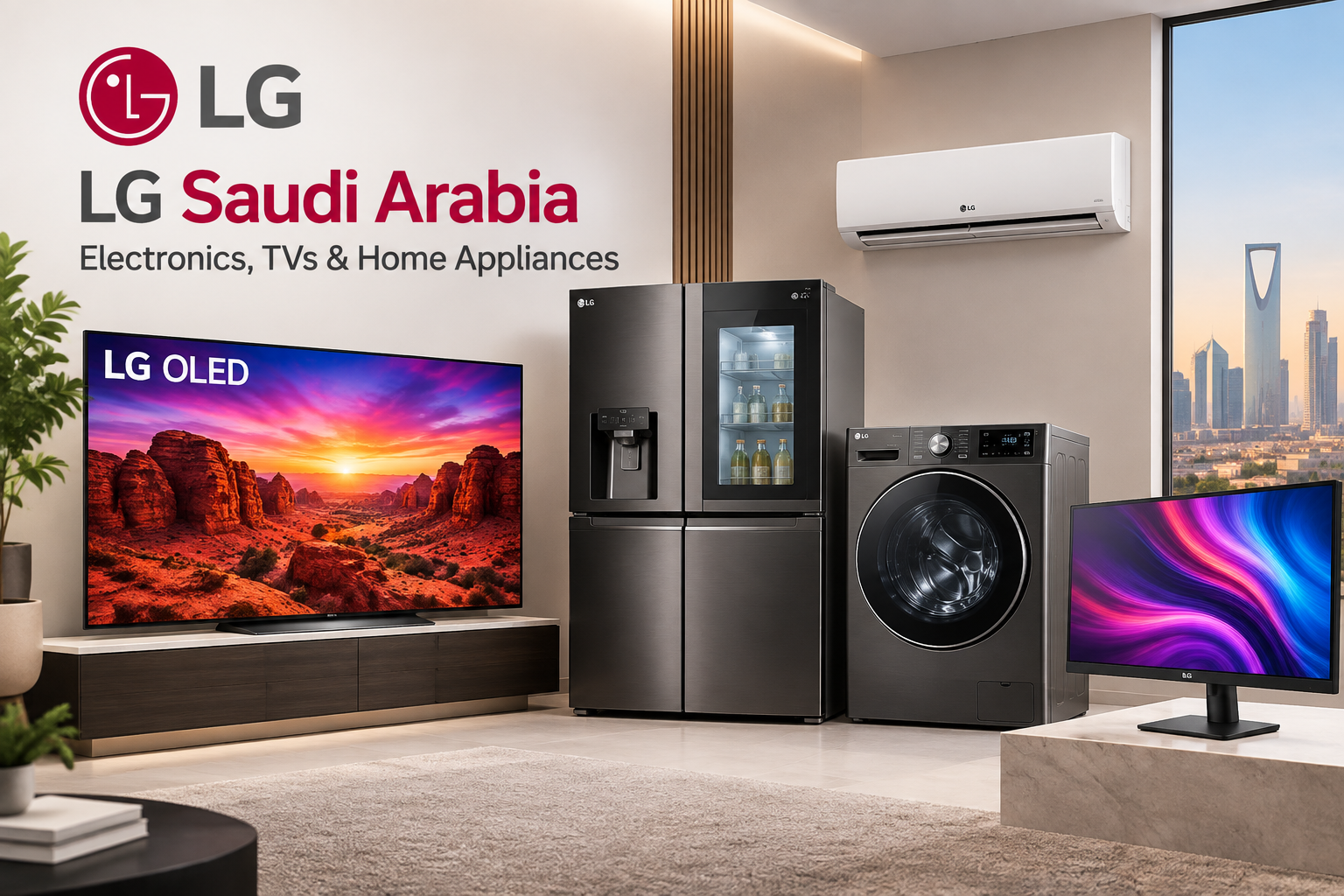 LG Saudi Arabia official online store homepage displaying OLED TVs, smart refrigerators, AI washing machines, and dual inverter air conditioners.