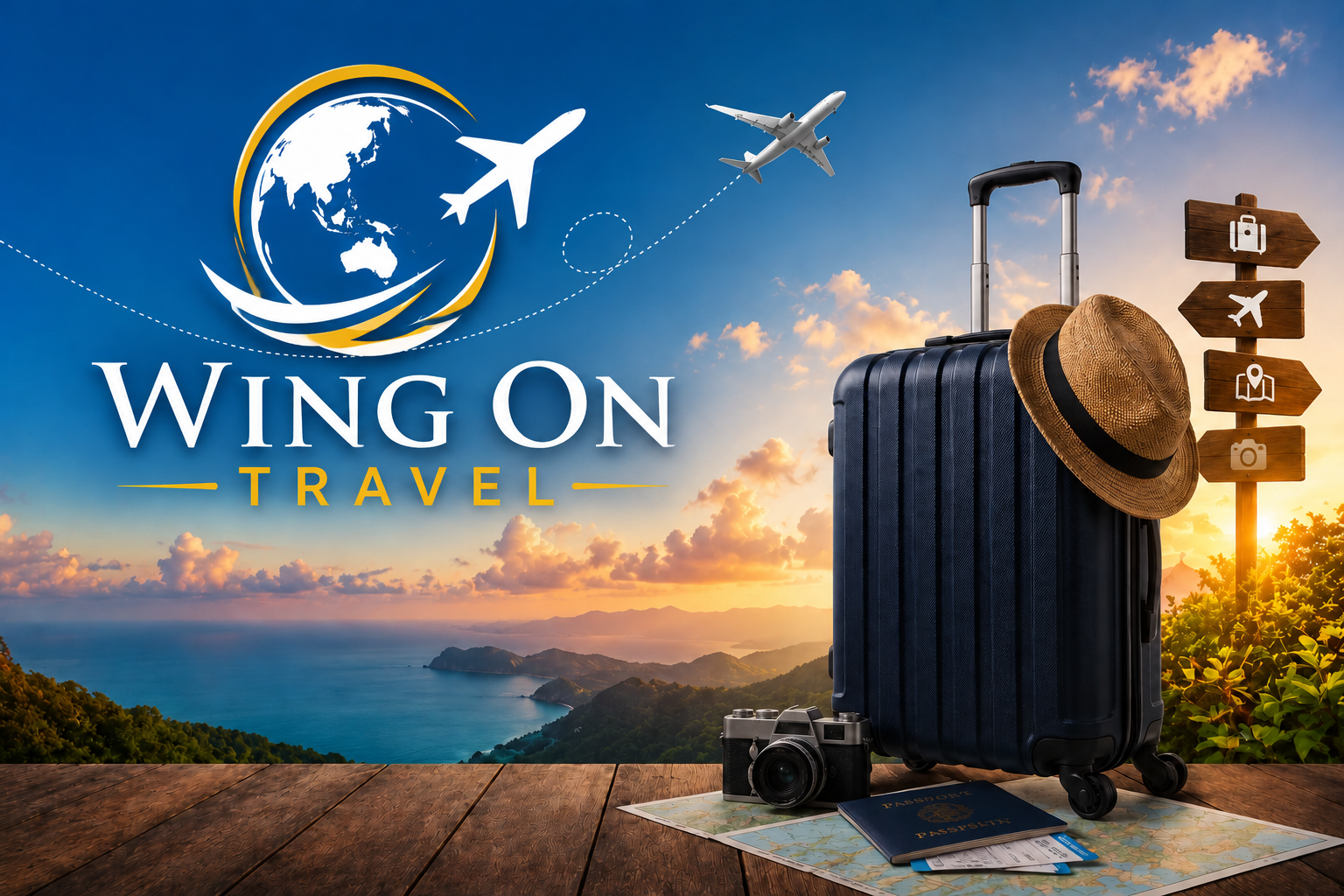 Wing On Travel online travel platform featuring flight bookings, hotels, holiday packages, cruises, guided tours, high-speed rail tickets, ferry tickets, and travel experiences worldwide.