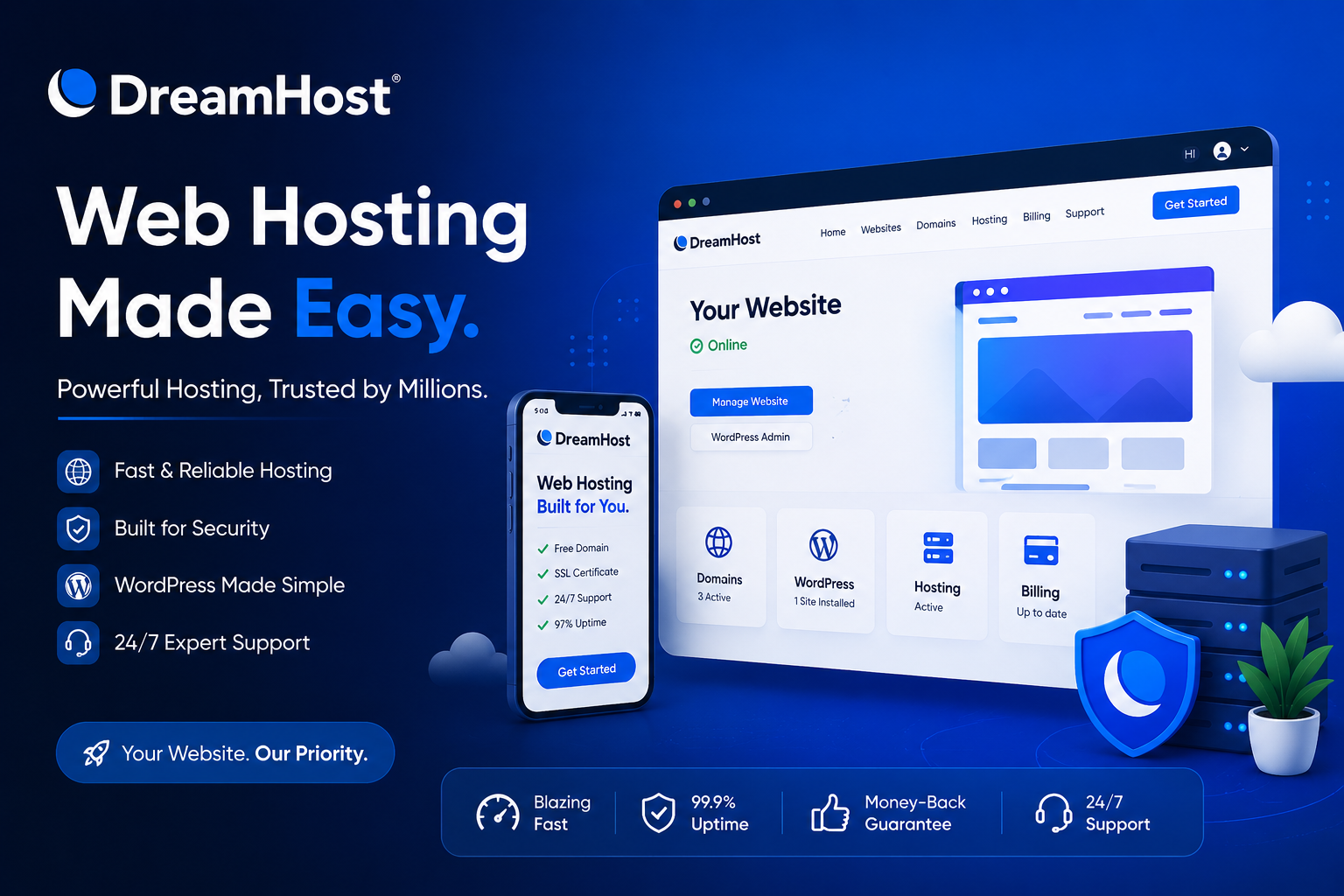 DreamHost web hosting platform featuring WordPress hosting, VPS, domains, website builders, email, and online business services.
