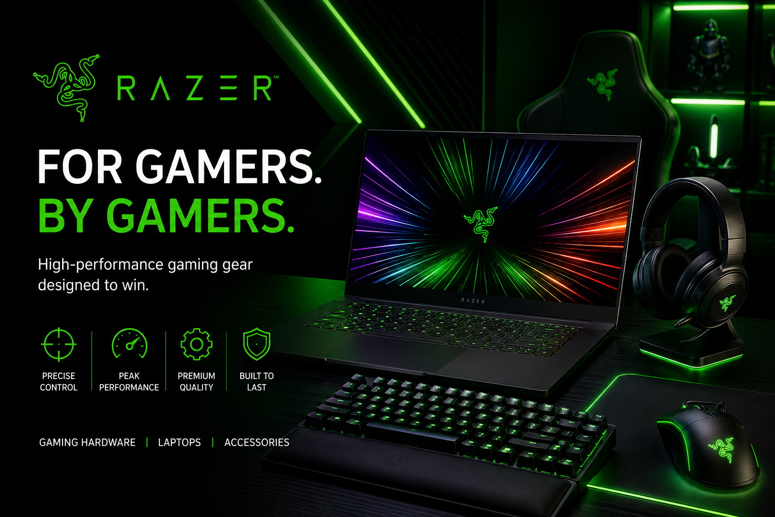 Razer gaming store featuring gaming laptops, mice, keyboards, headsets, controllers, gaming chairs, PC peripherals, and accessories for gamers and creators.