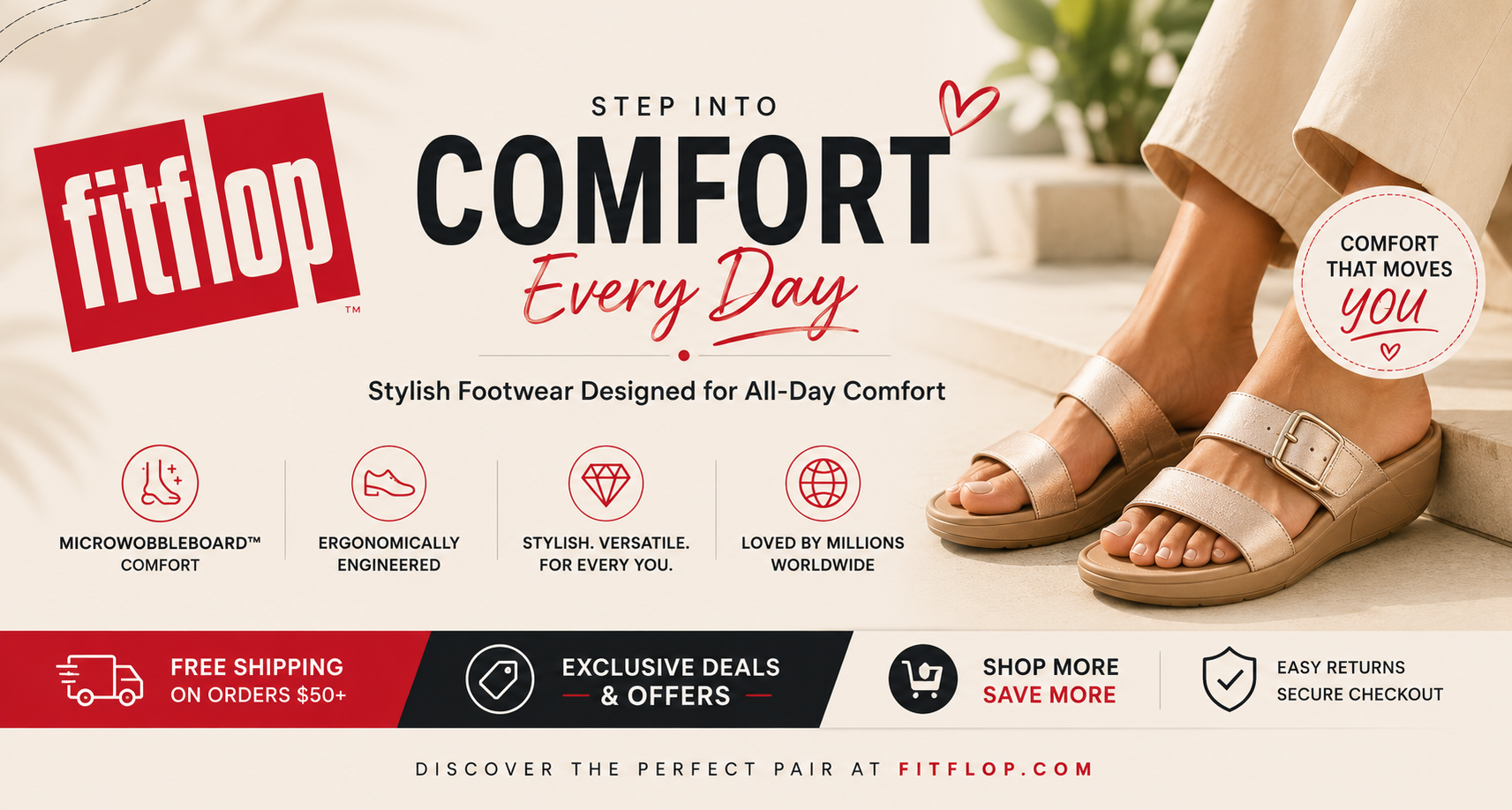 Walk further and feel great with biomechanically engineered, pressure-diffusing footwear from FitFlop US.