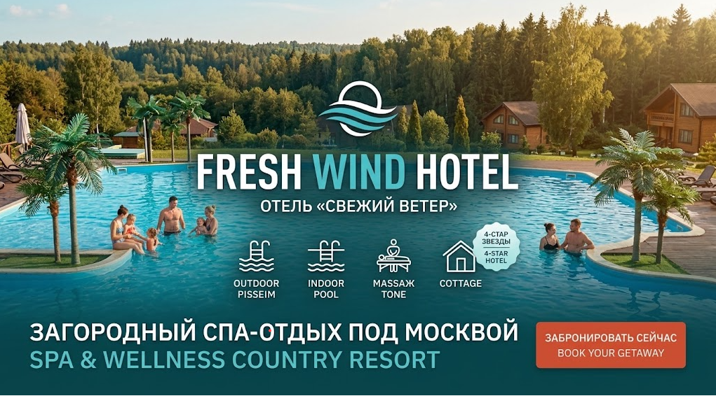 Fresh Wind Hotel country resort promotional banner featuring a large outdoor swimming pool, surrounding pine forest, and luxury wooden cottages in the Moscow region.