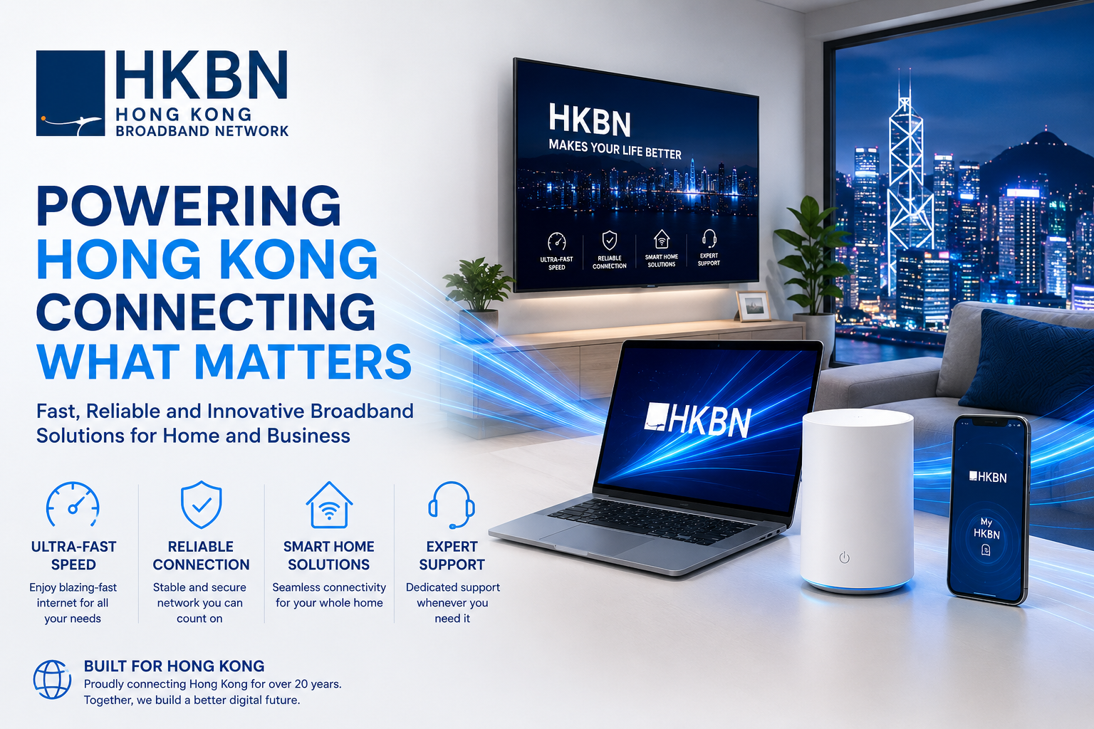 HKBN telecommunications services featuring high-speed fibre broadband, home Wi-Fi, mobile plans, internet solutions, and digital connectivity services for homes and businesses in Hong Kong.