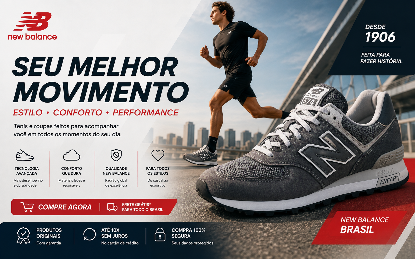 New Balance Brazil online store featuring running shoes, lifestyle sneakers, sportswear, clothing, kids' footwear, bags, and athletic accessories.