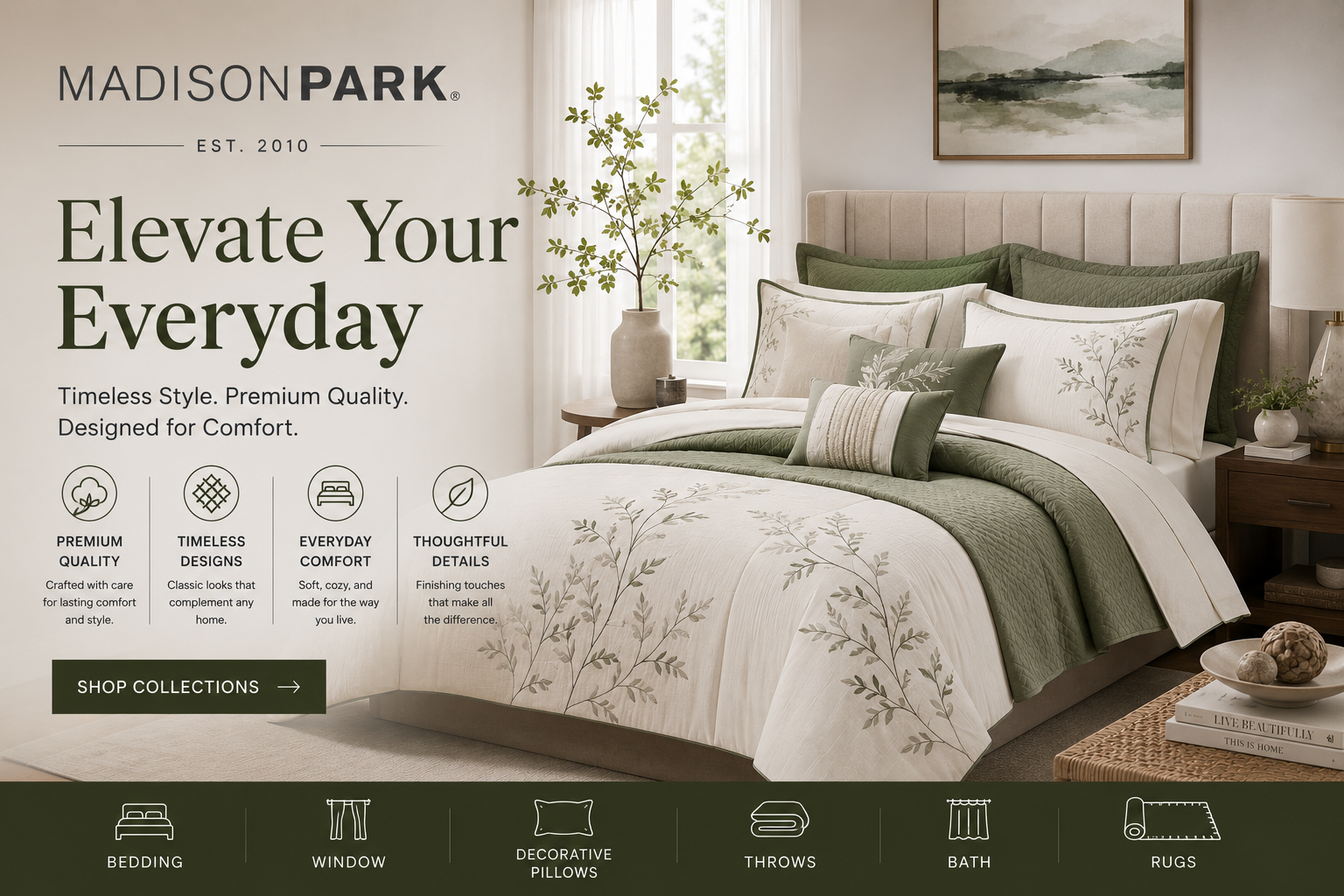Madison Park home furnishings collection featuring luxury bedding, comforter sets, quilts, furniture, curtains, decorative pillows, rugs, and elegant home décor for every room.