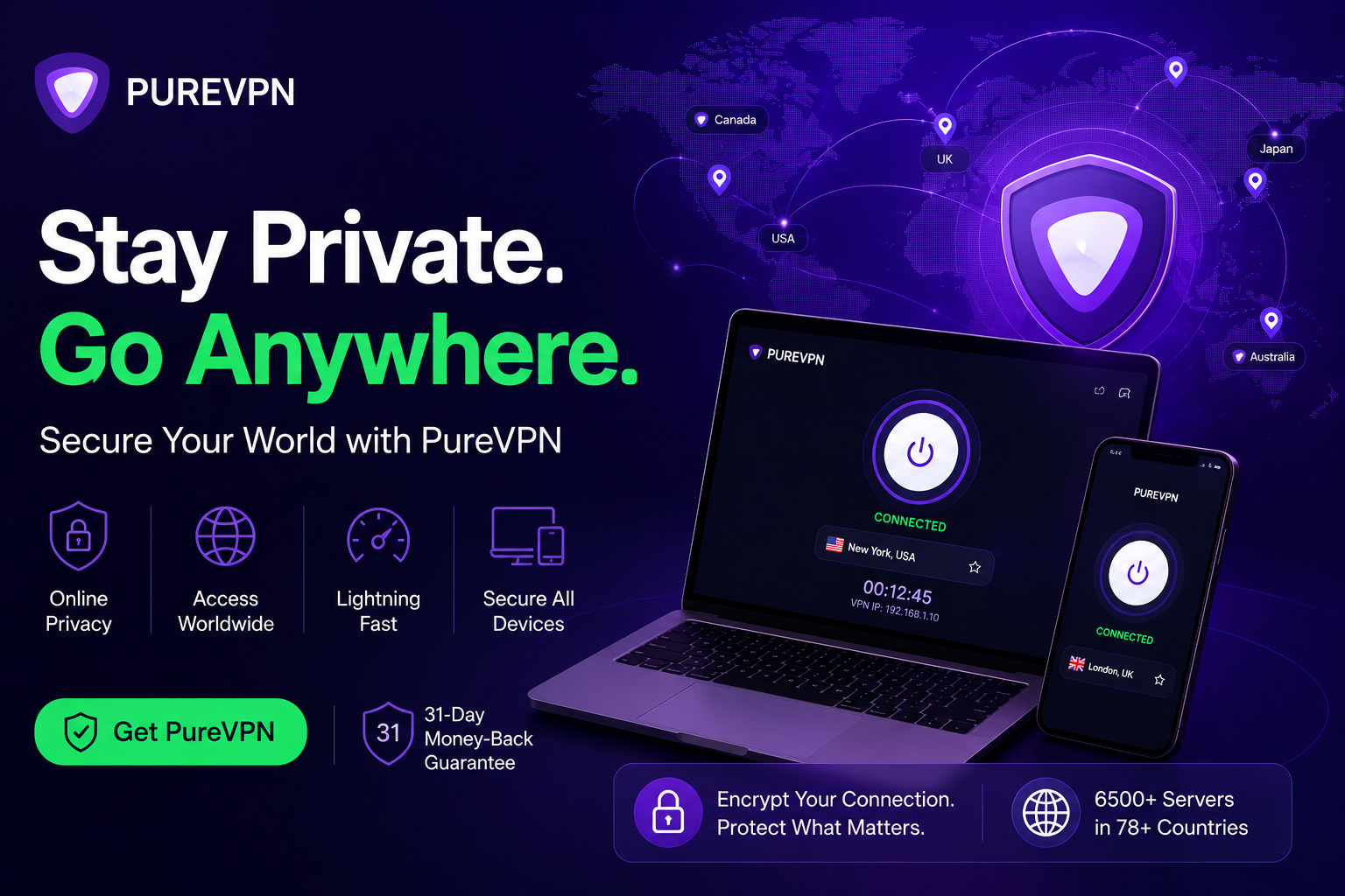 PureVPN online security platform featuring VPN protection, secure browsing, privacy tools, streaming support, password management, and digital security features.
