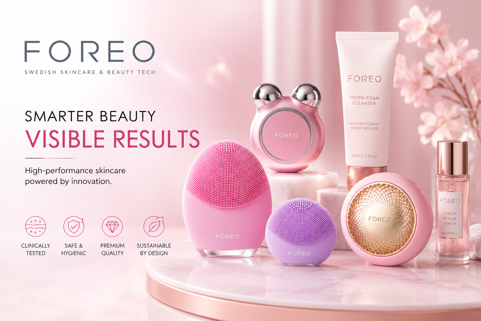 FOREO beauty-tech collection featuring facial cleansing devices, LED skincare tools, microcurrent facial toning devices, sonic toothbrushes, and premium skincare products.
