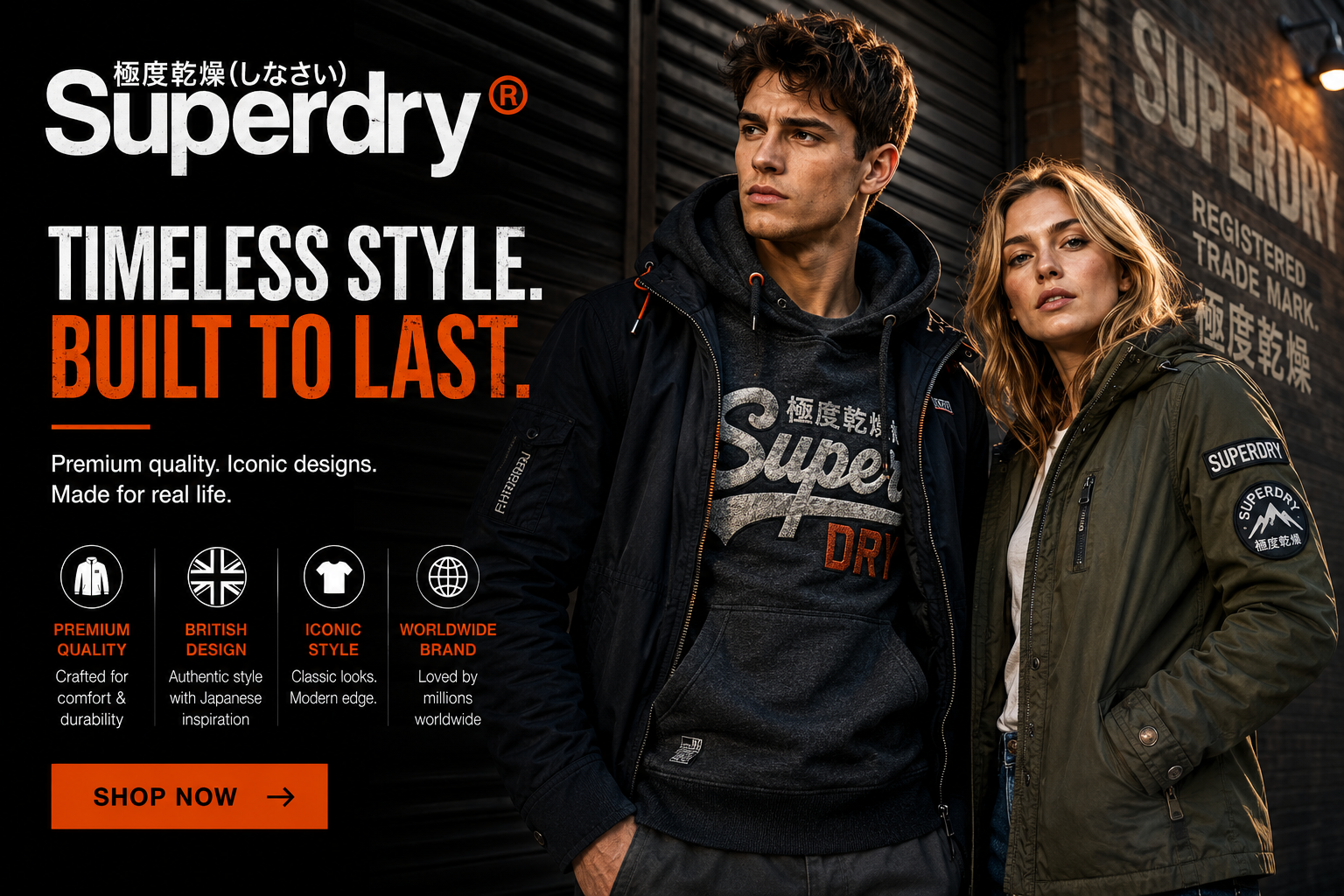 Superdry fashion store featuring men's and women's clothing, jackets, hoodies, footwear, accessories, and premium casualwear collections.