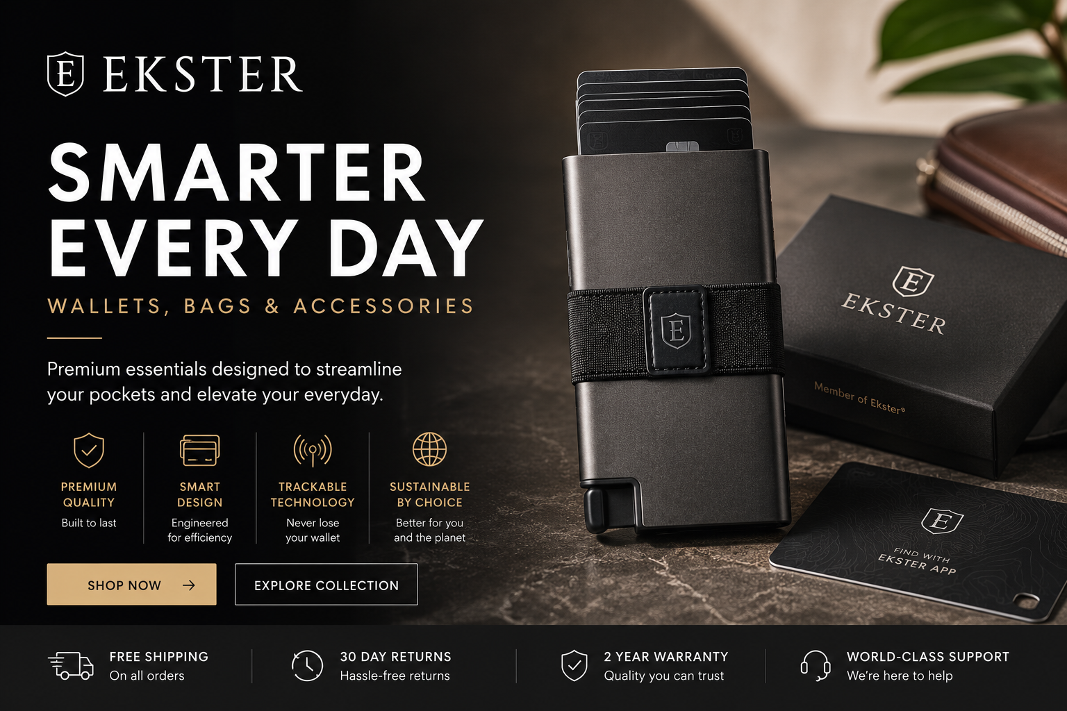 Ekster smart wallet collection featuring RFID-blocking wallets, minimalist cardholders, key holders, travel accessories, and premium everyday carry gear designed for modern lifestyles.
