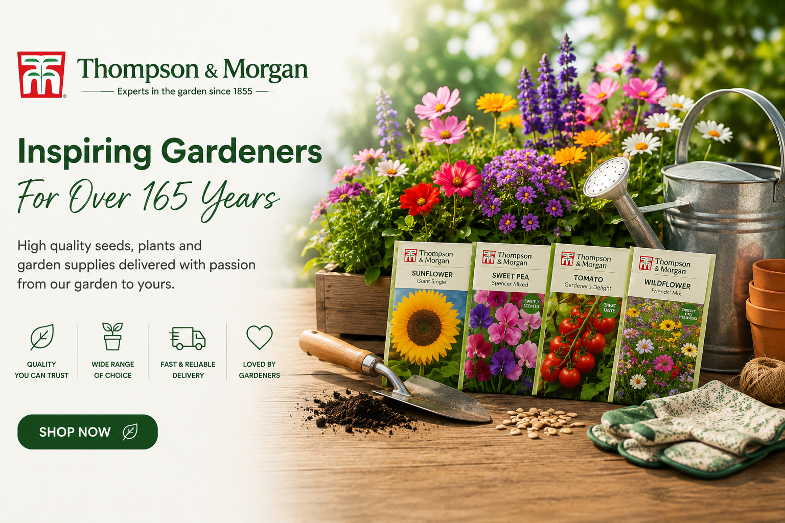 Thompson & Morgan gardening store featuring plants, seeds, flower bulbs, vegetable seeds, fruit trees, gardening supplies, and outdoor gardening essentials.