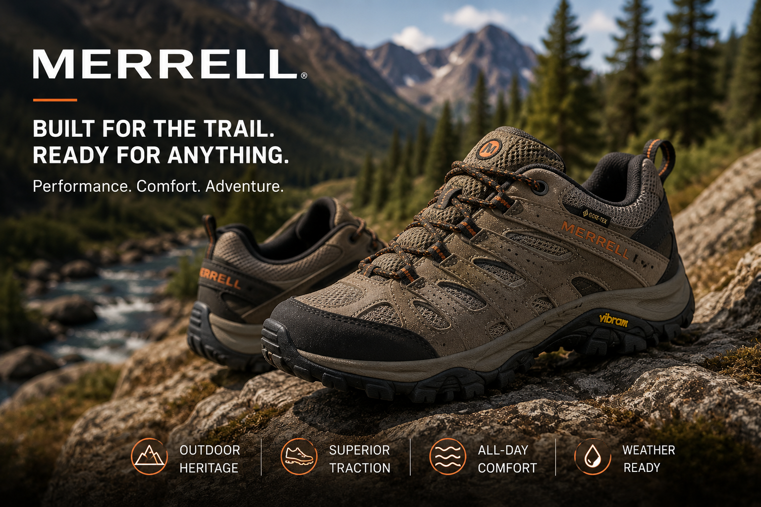 Merrell UK outdoor footwear store featuring hiking shoes, walking boots, trail running footwear, waterproof GORE-TEX styles, sandals, and outdoor shoes for men and women.