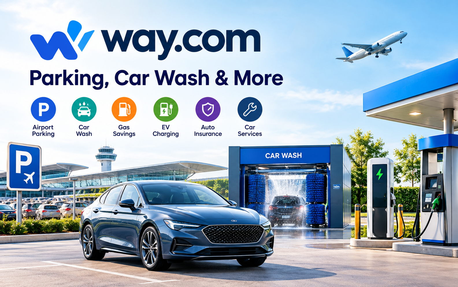 Way.com auto super app platform displaying airport parking reservations, city parking maps, car wash passes, and vehicle insurance options.