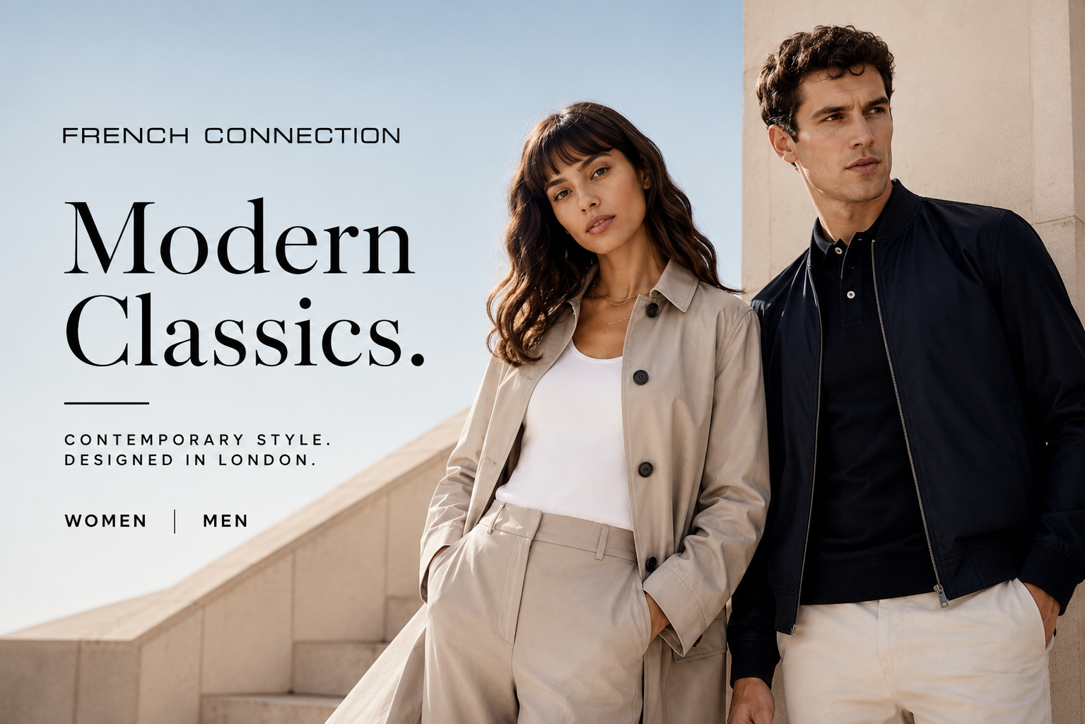 French Connection USA fashion collection featuring stylish women's and men's clothing, handbags, shoes, and contemporary fashion accessories.