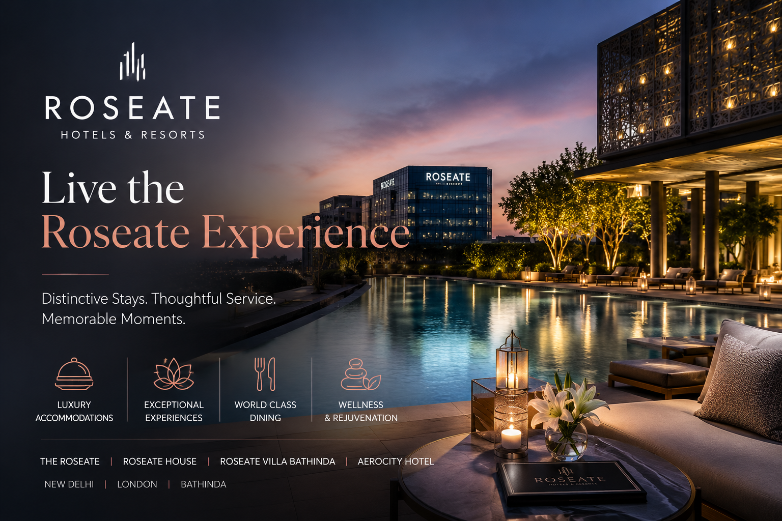 Roseate Hotels & Resorts luxury hotel collection featuring stylish accommodations, resorts, dining, wellness, and travel experiences across India and the United Kingdom.