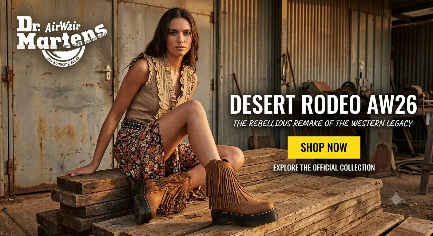 Dr. Martens Desert Rodeo AW26 campaign banner featuring a model in fringe suede platform boots and western-inspired apparel against a rustic industrial background.