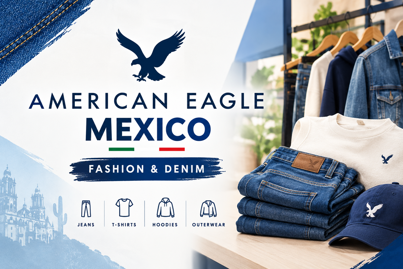 Página oficial de American Eagle México mostrando colecciones de jeans de mezclilla, ropa casual y tendencias de moda para hombre y mujer.