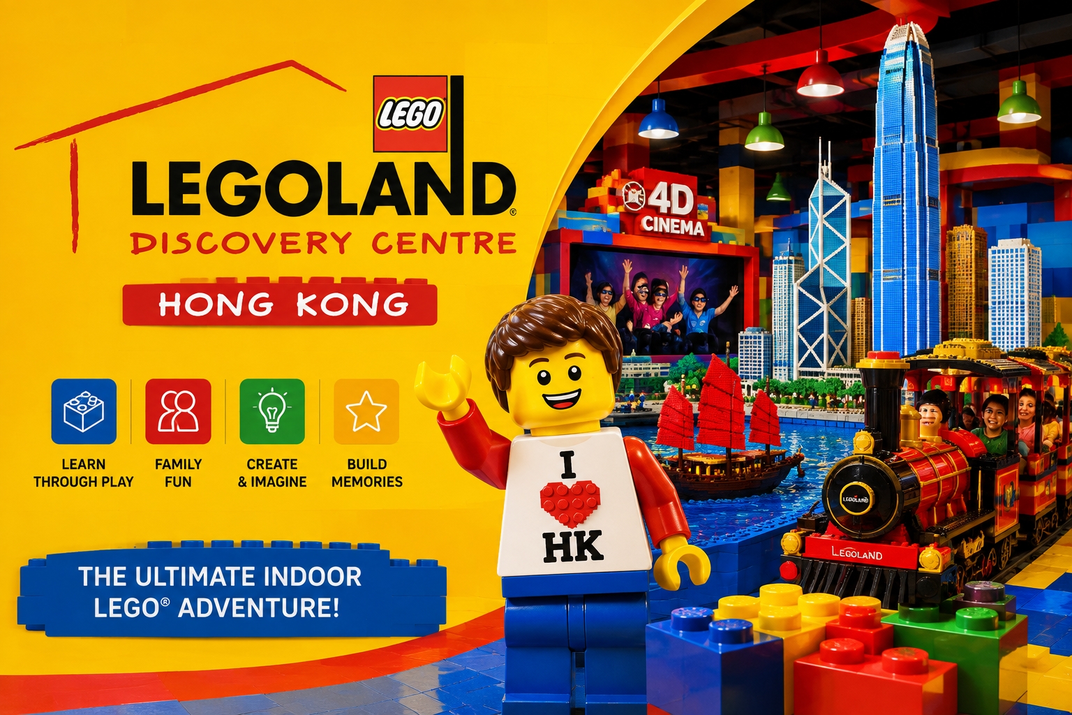 LEGOLAND Discovery Centre Hong Kong featuring LEGO-themed play areas, rides, MINILAND®, 4D experiences, creative workshops, VR adventures, and family attractions.