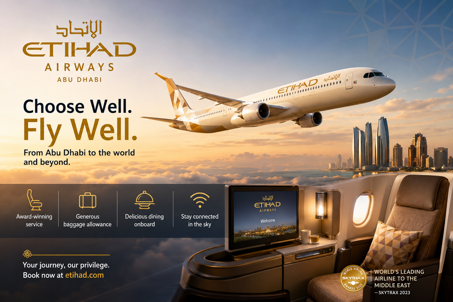 Etihad Airways flight booking platform featuring international flights from Abu Dhabi to destinations across Asia, Europe, the Middle East, Africa, Australia, and North America