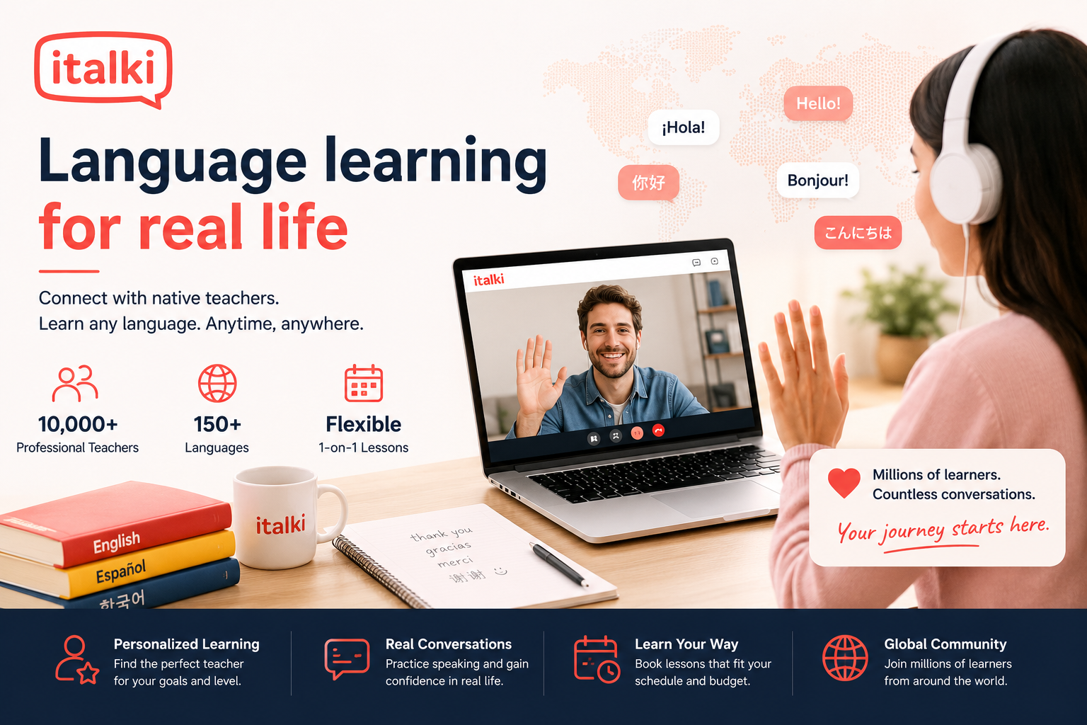 italki online language learning platform featuring one-on-one lessons, professional language teachers, community tutors, and personalized courses in more than 150 languages.