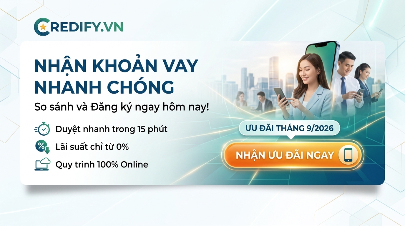 Credify.vn financial services platform logo and online loan promotional banner