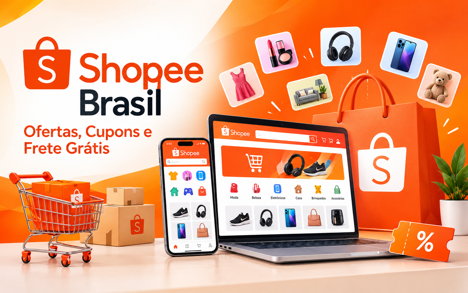 Página inicial do marketplace Shopee Brasil destacando ofertas, cupons de frete grátis e variedade de produtos.