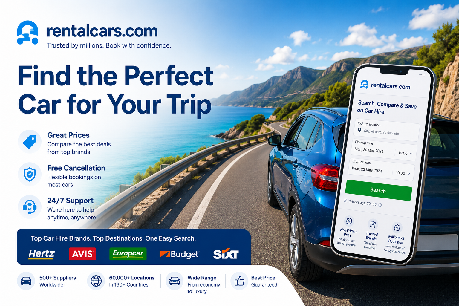 Rentalcars.com car rental booking platform featuring rental cars, SUVs, economy vehicles, airport car hire, and travel transportation options worldwide.
